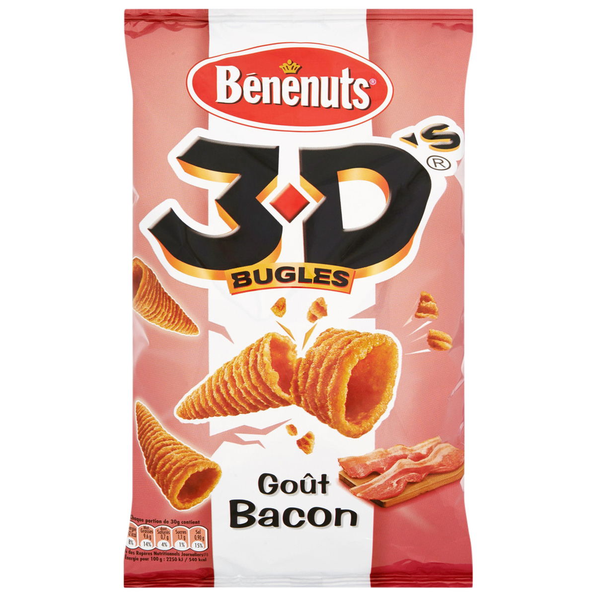 Biscuits apéritifs 3D's Bugles goût bacon